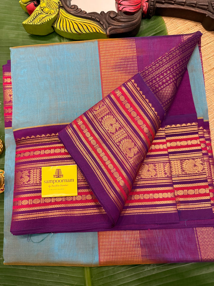Double shaded blue with Purple ,rich big Kanchi traditional border and grand Pallu Korvai Silk Cotton Saree