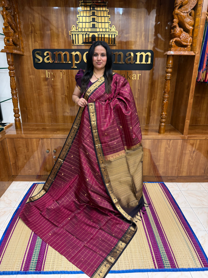 Wine with Black, Rich Zari Checks with Mango & Mayil buttta in the body and Grand Pallu Pure Soft Silk Saree