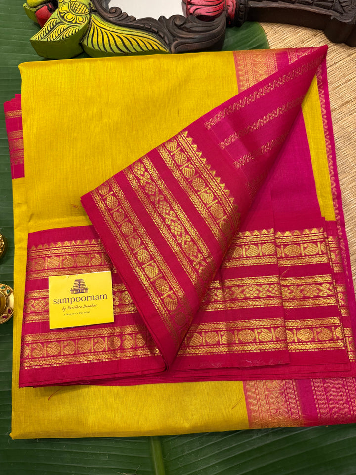 Lemon Yellow with Pink ,rich big Kanchi traditional border and grand Pallu Korvai Silk Cotton Saree