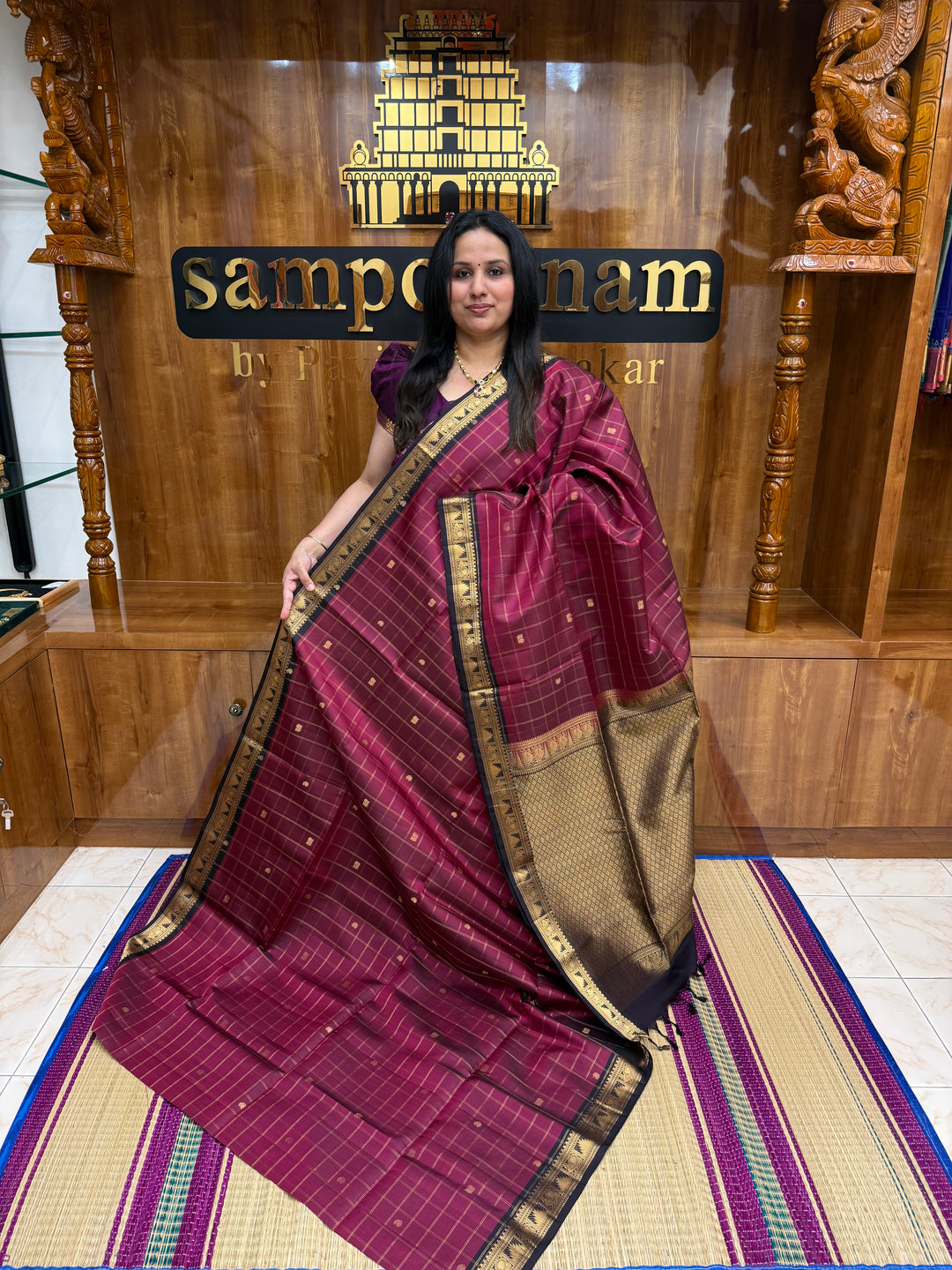 Wine with Black, Rich Zari Checks with Mango & Mayil buttta in the body and Grand Pallu Pure Soft Silk Saree