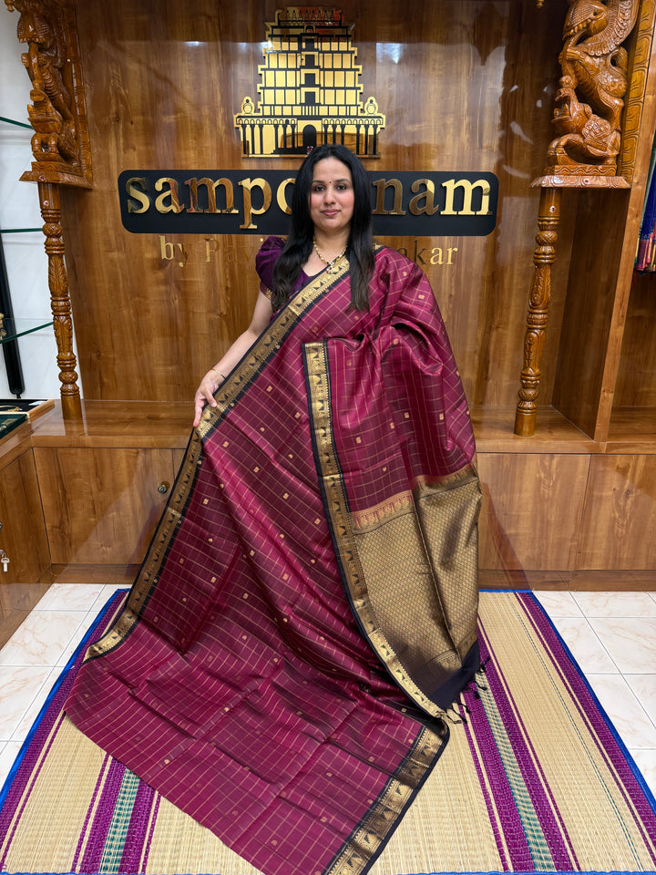 Wine with Black, Rich Zari Checks with Mango & Mayil buttta in the body and Grand Pallu Pure Soft Silk Saree