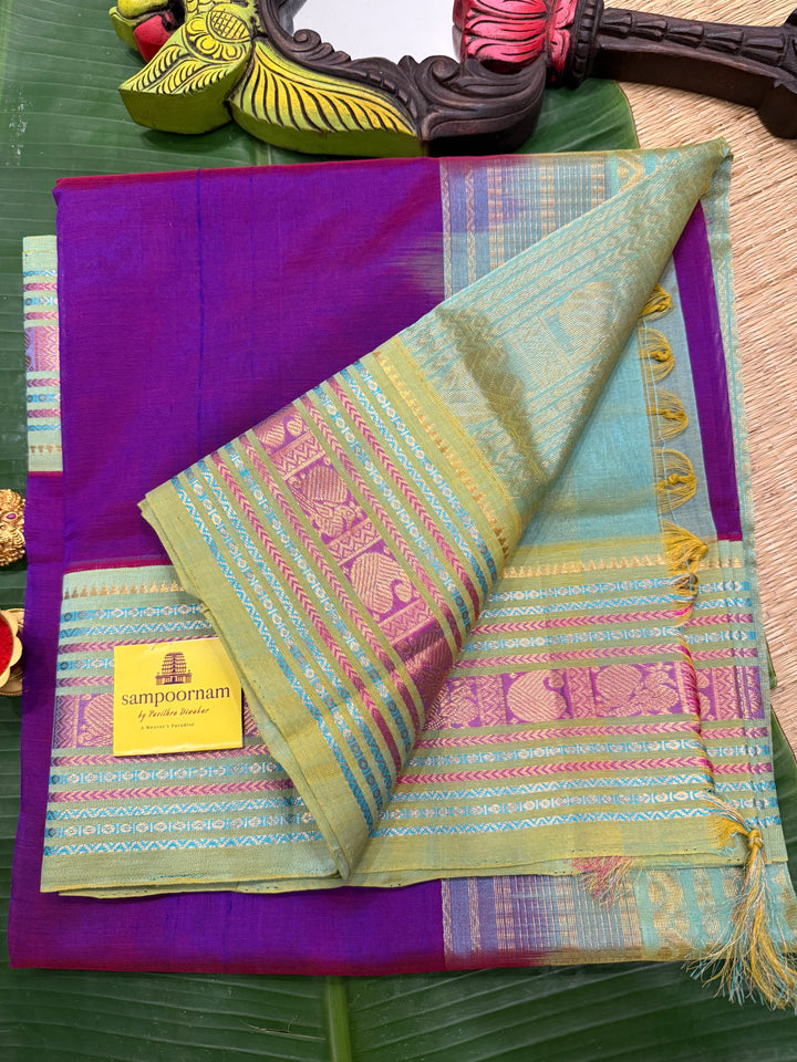 Purple with Sea Green ,rich big Kanchi traditional border and grand Pallu Korvai Silk Cotton Saree