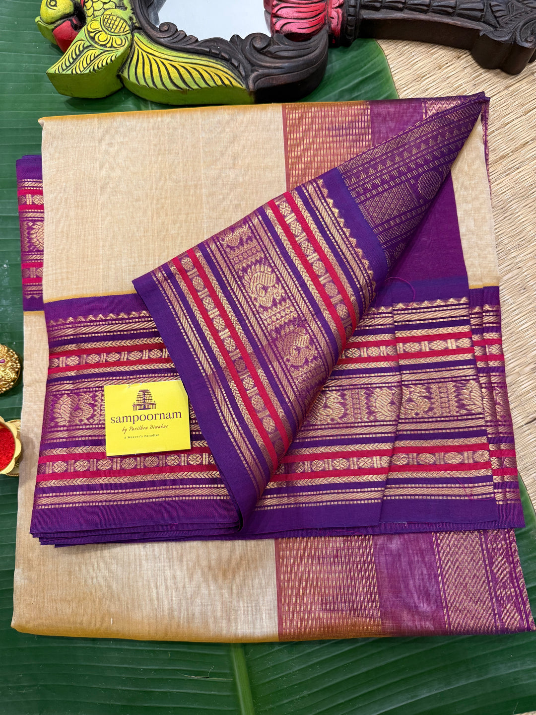 Light Gold with Purple ,rich big Kanchi traditional border and grand Pallu Korvai Silk Cotton Saree