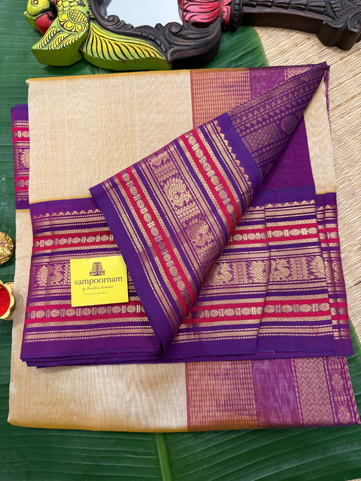 Light Gold with Purple ,rich big Kanchi traditional border and grand Pallu Korvai Silk Cotton Saree