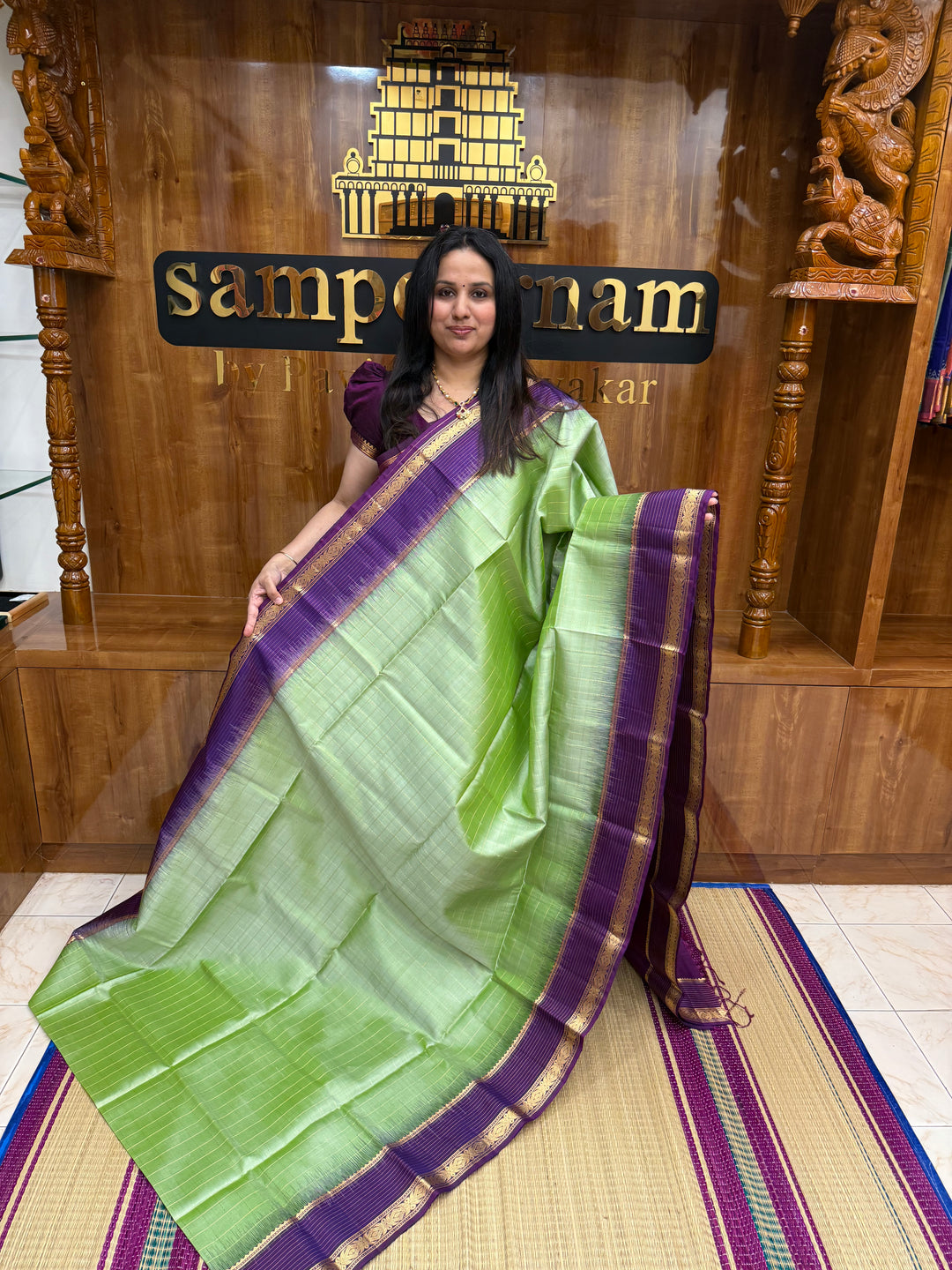 Pista Green with Purple  , Rich Zari Checks in the body and Grand Pallu Pure Soft Silk Saree