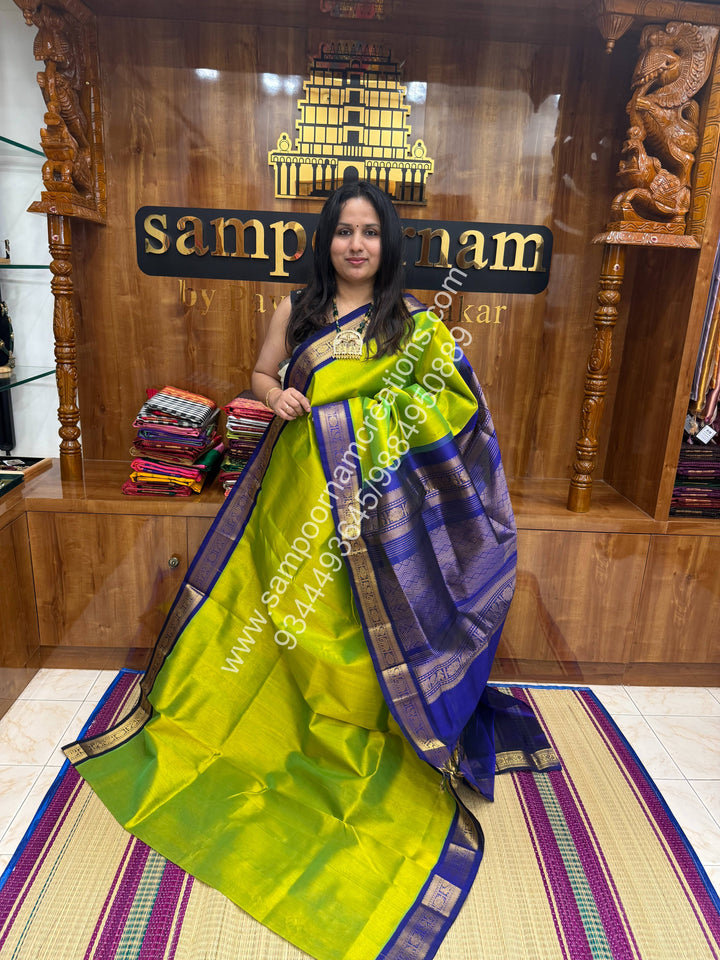 Sneha Green with Blue , Traditional borders and  Grand Pallu Korvai Silk Cotton Saree