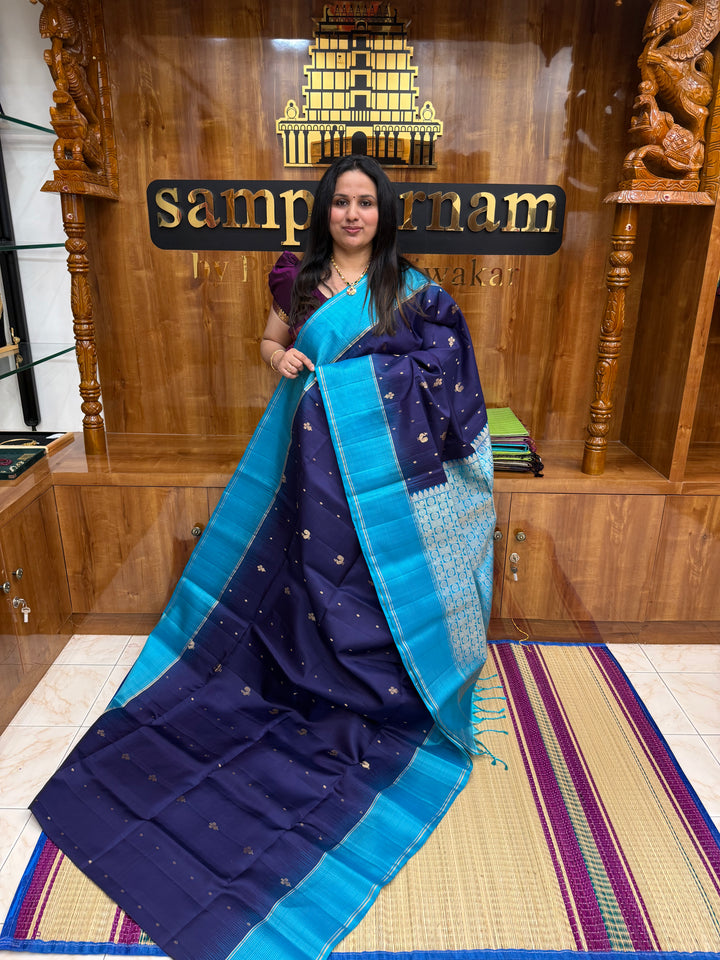 Dark Blue with Light Blue , Rich Mayil & Floral  Zari buttta in the body and Grand Pallu Pure Soft Silk Saree