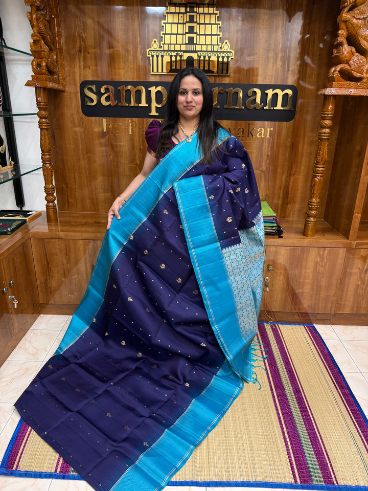 Dark Blue with Light Blue , Rich Mayil & Floral  Zari buttta in the body and Grand Pallu Pure Soft Silk Saree