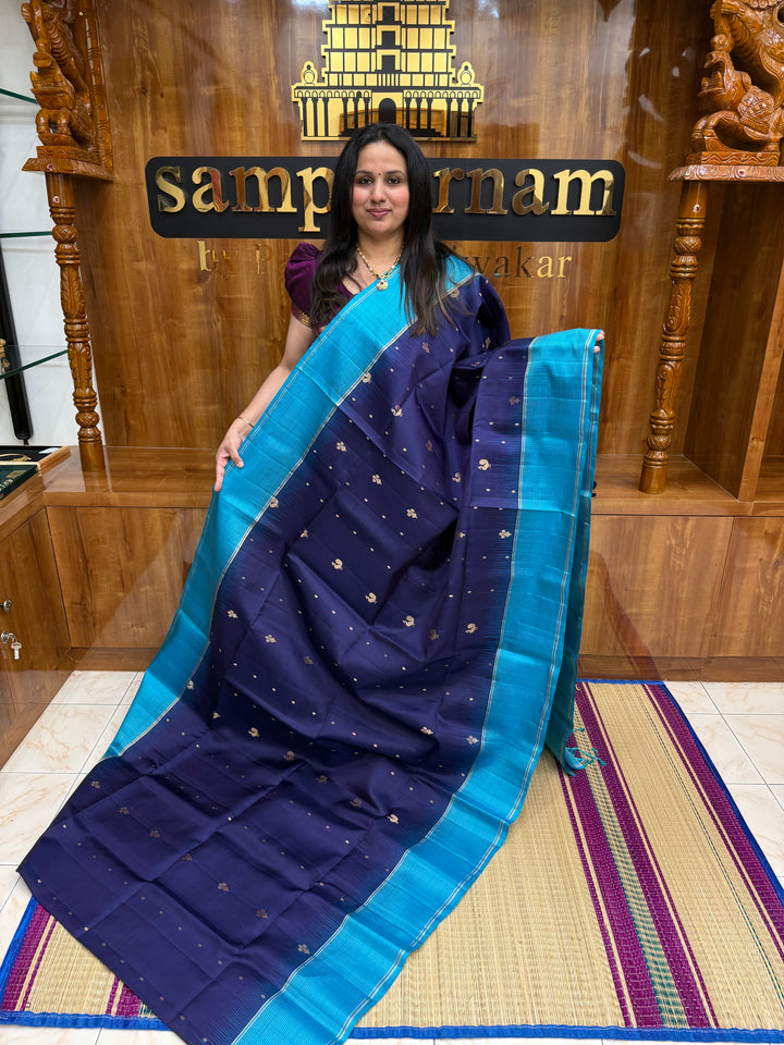 Dark Blue with Light Blue , Rich Mayil & Floral  Zari buttta in the body and Grand Pallu Pure Soft Silk Saree