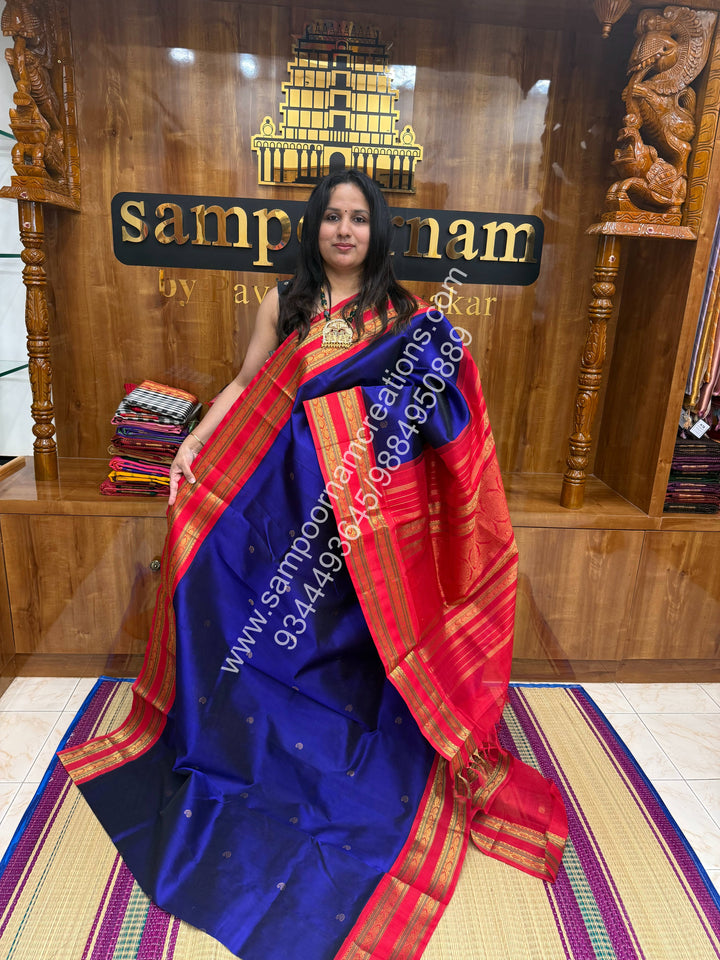 MS Blue with Red , rich Mango Zari butta in the body , Rettapet border and  Grand Pallu Korvai Silk Cotton Saree