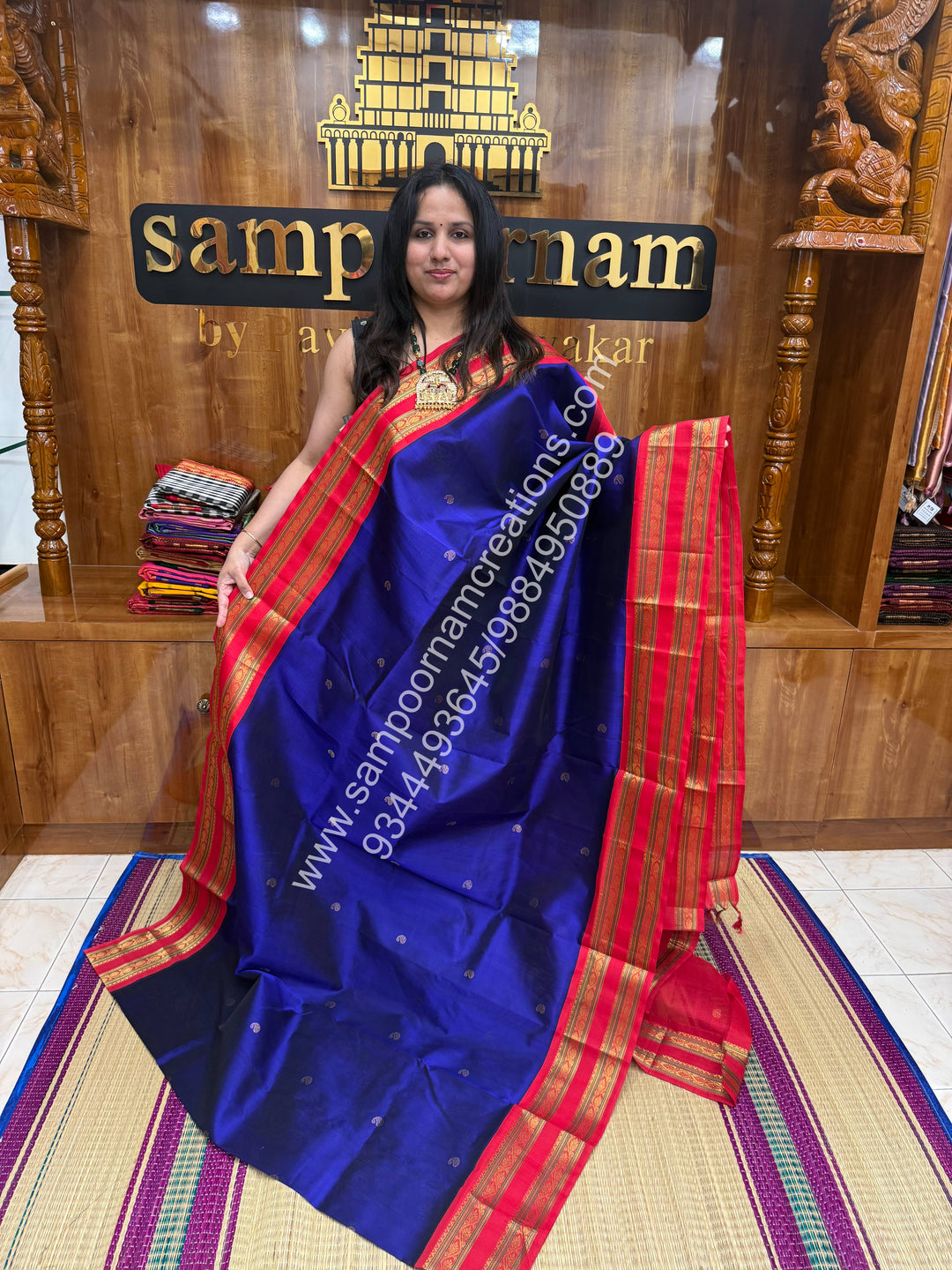 MS Blue with Red , rich Mango Zari butta in the body , Rettapet border and  Grand Pallu Korvai Silk Cotton Saree
