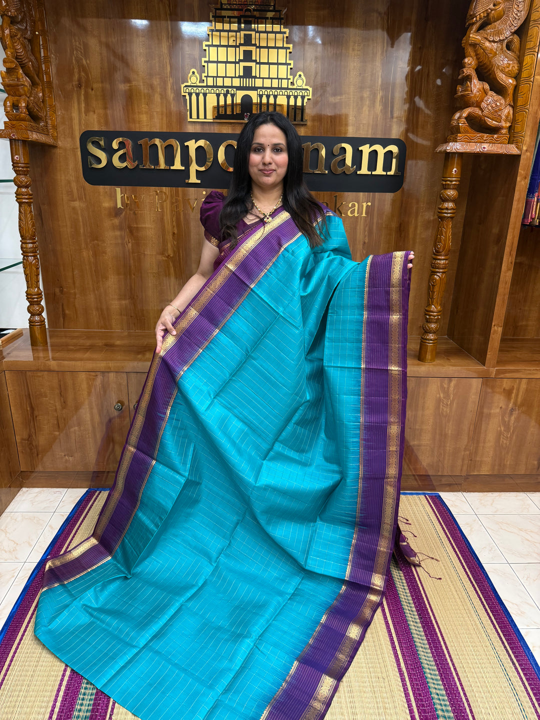 Ramar Blue with Purple , Rich Zari Checks in the body and Grand Pallu Pure Soft Silk Saree