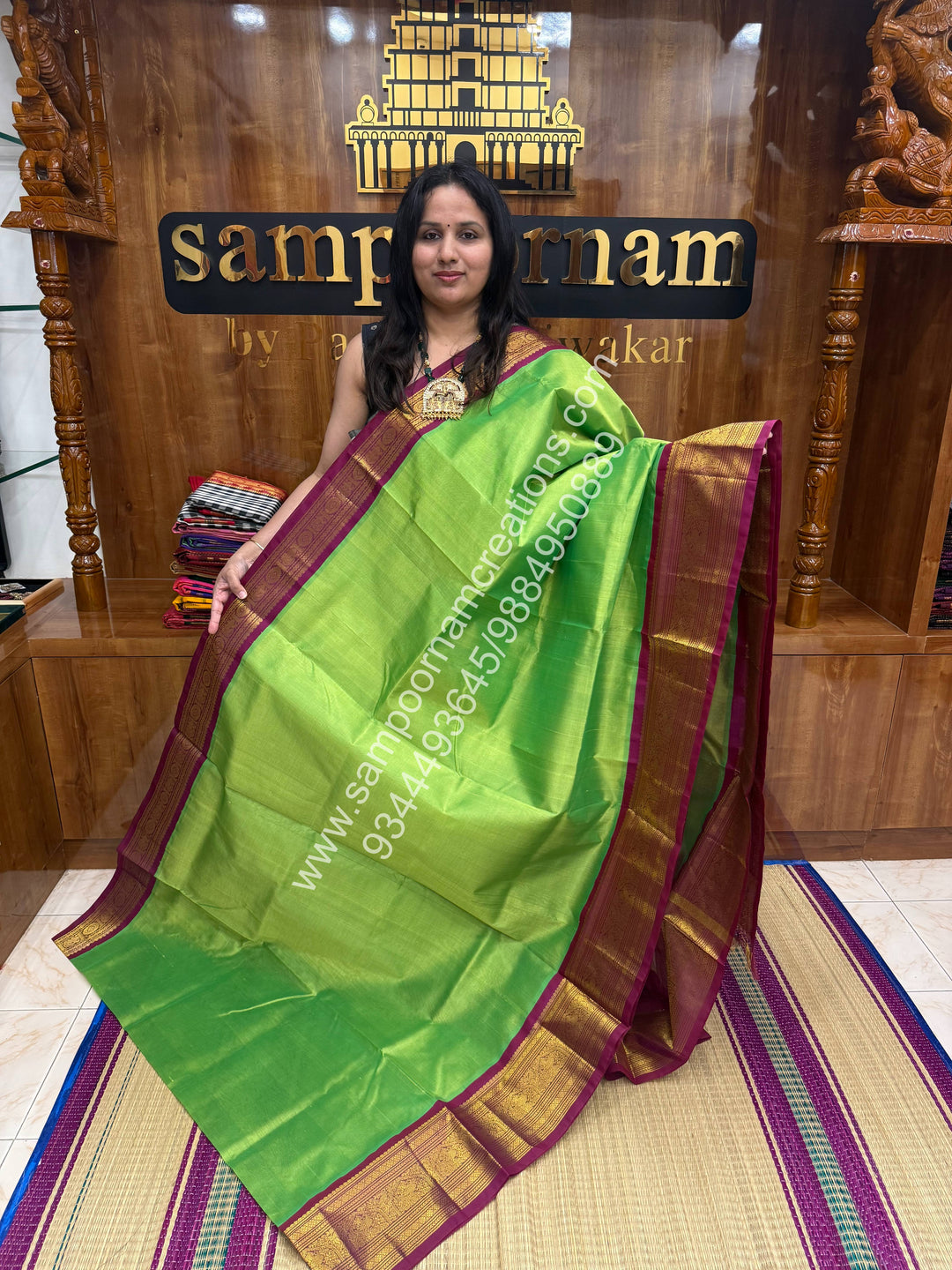 Sneha Green with Magenta , Traditional one side long borders and  Grand Pallu Korvai Silk Cotton Saree