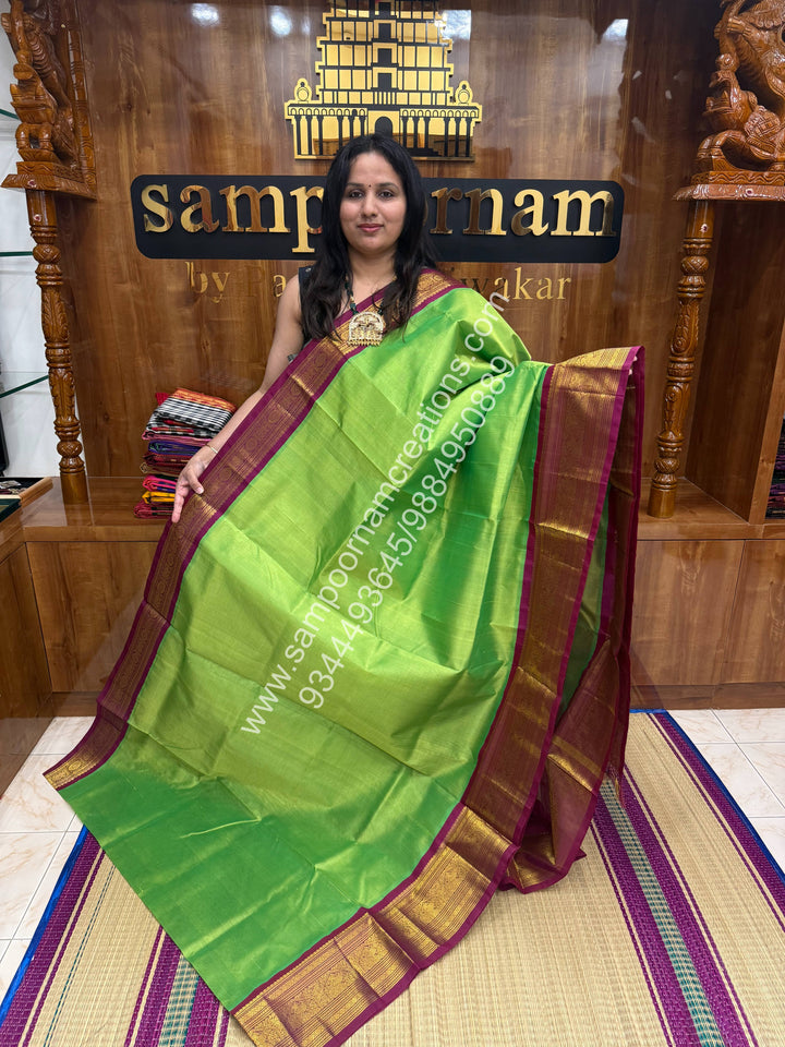 Sneha Green with Magenta , Traditional one side long borders and  Grand Pallu Korvai Silk Cotton Saree