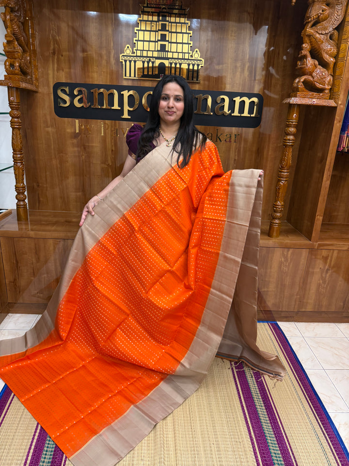 Fanta Orange with Beige , Rich Gold & Silver Floral Butta in the body and Grand Pallu Pure Soft Silk Saree