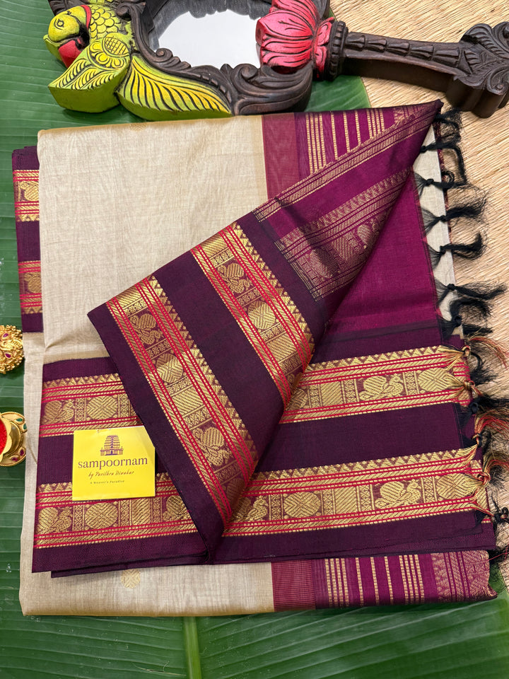 Light Gold  ,rich zari butta in the body , Kanchi rich border and traditional Pallu Korvai Silk Cotton SareeGold with Dark Maroon