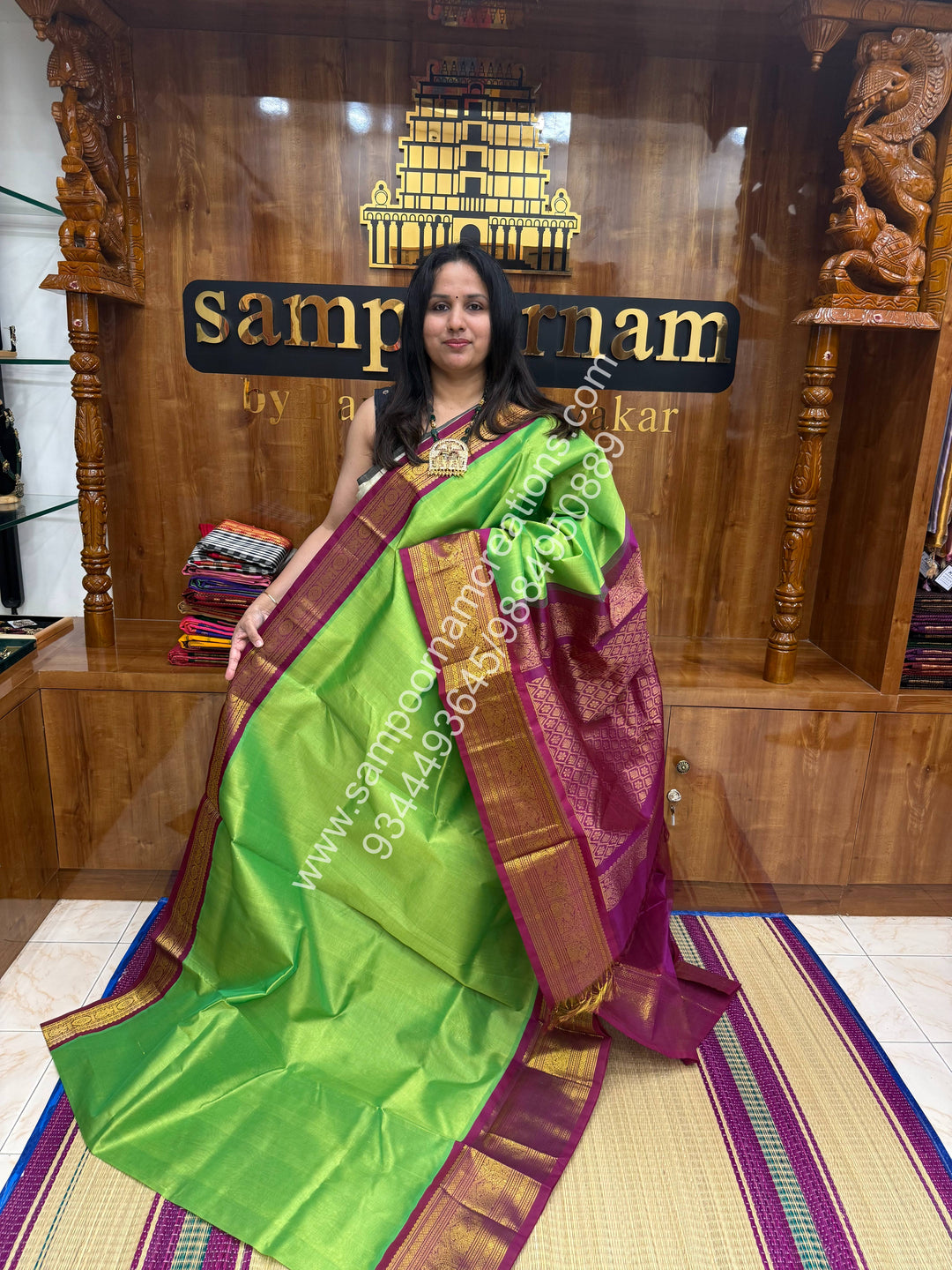 Sneha Green with Magenta , Traditional one side long borders and  Grand Pallu Korvai Silk Cotton Saree