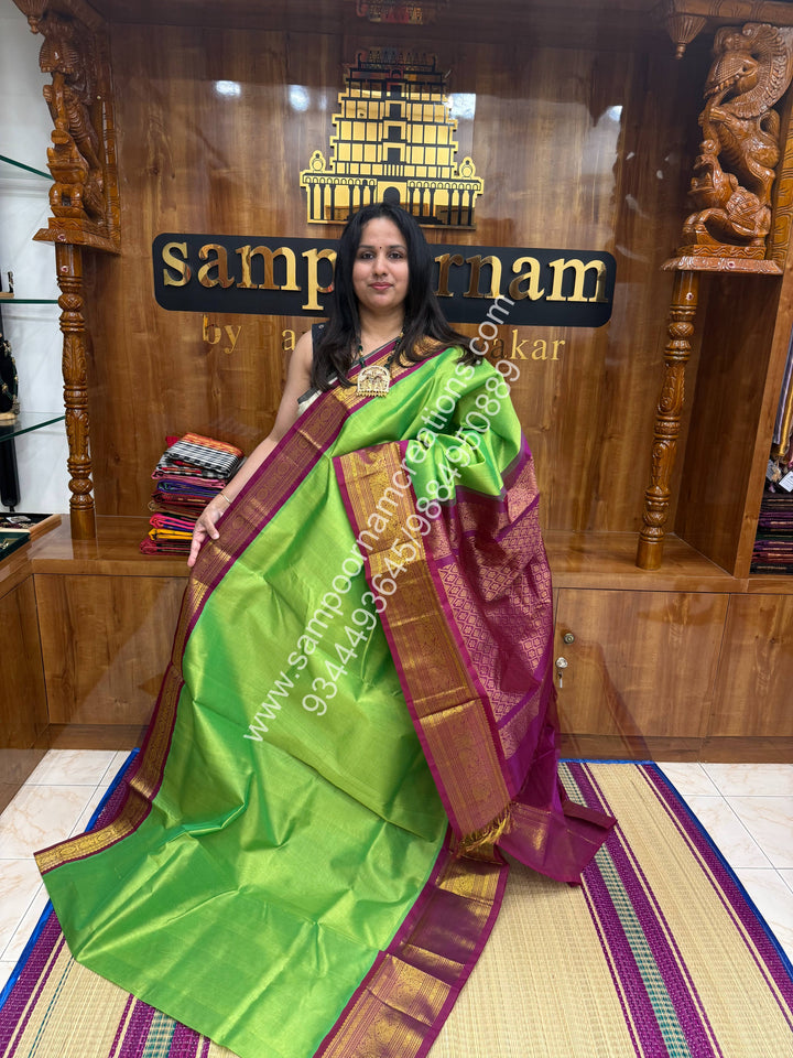 Sneha Green with Magenta , Traditional one side long borders and  Grand Pallu Korvai Silk Cotton Saree