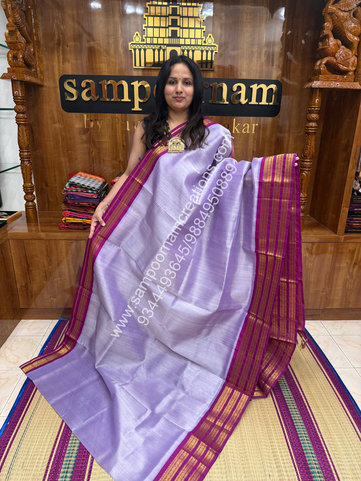 Lilac with Dark Magenta ,Rich Kanchi border and Grand Pallu Korvai Silk Cotton Saree