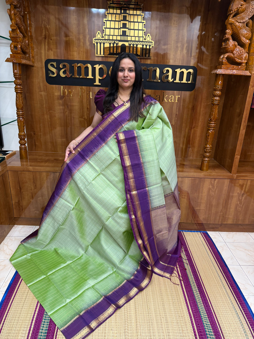 Pista Green with Purple  , Rich Zari Checks in the body and Grand Pallu Pure Soft Silk Saree