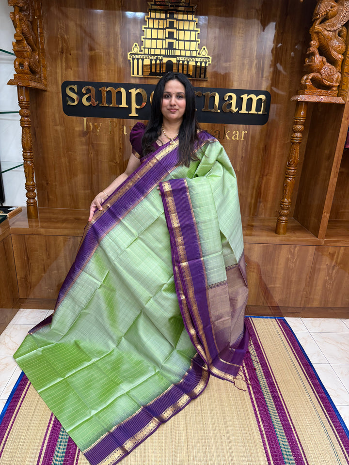 Pista Green with Purple  , Rich Zari Checks in the body and Grand Pallu Pure Soft Silk Saree