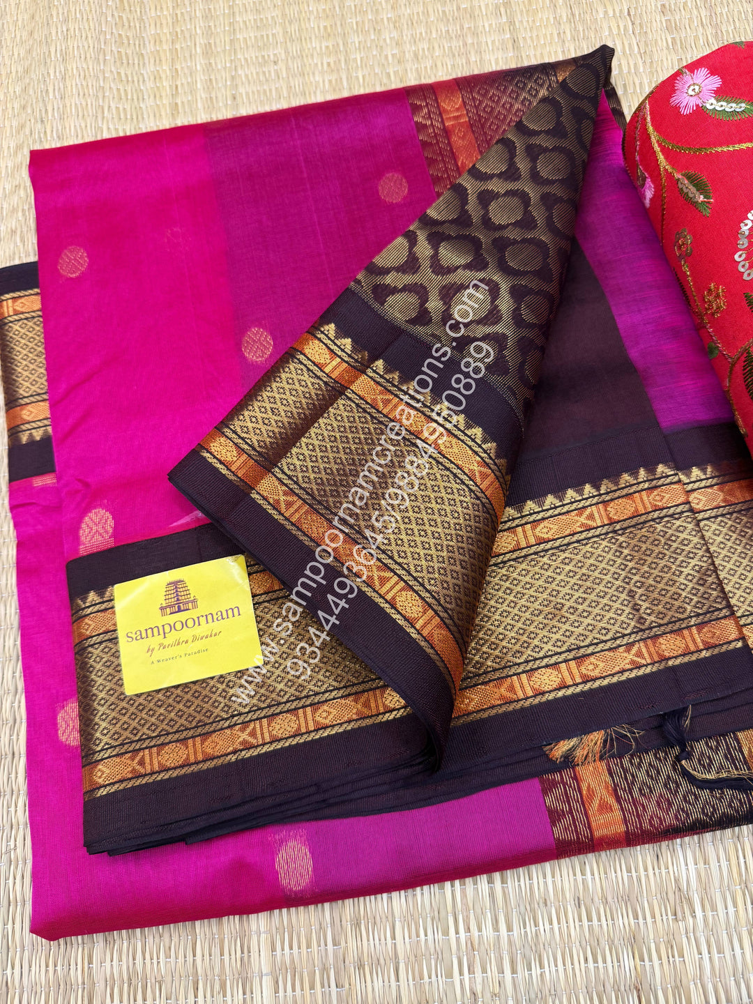 Rani Pink with Brown , rich Zari butta in the body and Traditional borders , Grand Pallu Korvai Silk Cotton Saree