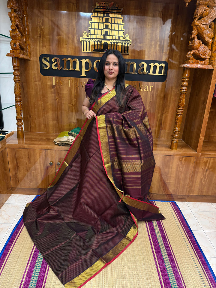Dark Brown with Red Selvedge , Rich  Zari Podi Kattam  in the body , Traditional  Borders and Rich Pallu Silk Cotton Saree