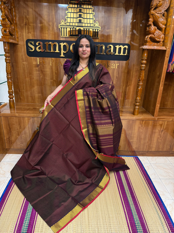 Dark Brown with Red Selvedge , Rich  Zari Podi Kattam  in the body , Traditional  Borders and Rich Pallu Silk Cotton Saree