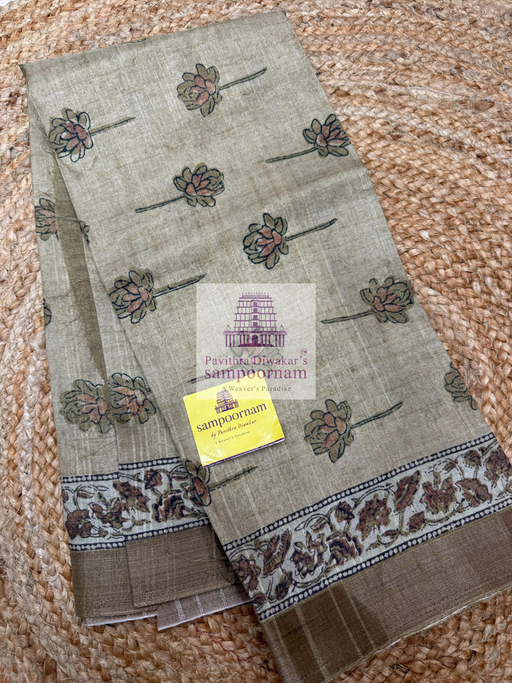 Semi Tussar - Olive Green Top with Floral Printed , Plain  bottom with Printed Dupatta - Salwar Material