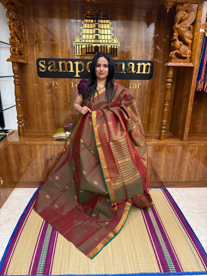 Manthulir Green   ,  Rich Two Side Peacock  Zari butta in the body , Traditional  Borders and Rich Pallu Silk Cotton Saree