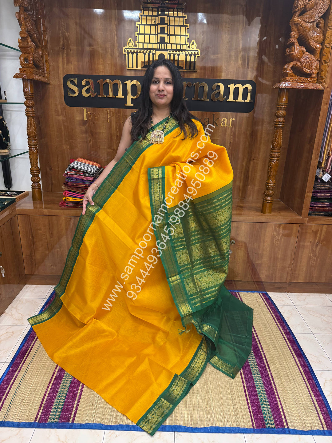 Manjal with Green , Traditional borders and  Grand Pallu Korvai Silk Cotton Saree