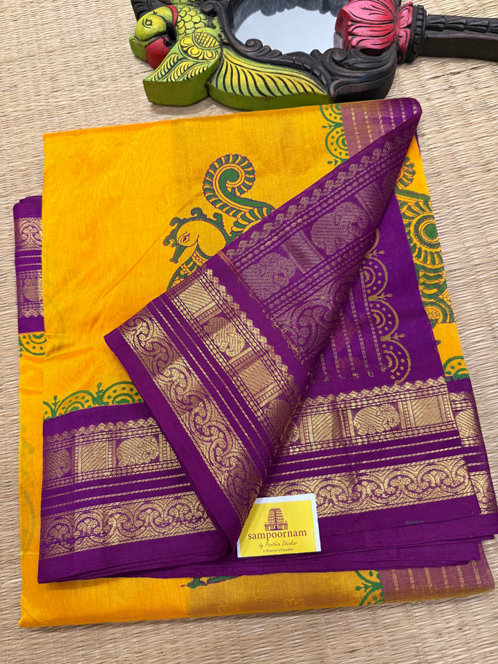 Mambazha Manjal with Purple, traditional elephant motif borders and rich Pallu, annam hand block prints in the body , korvai silk cotton saree
