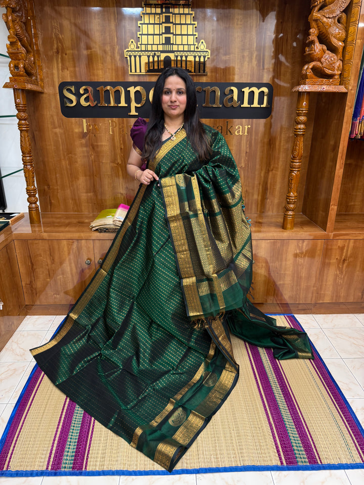 Dark Green ,  Rich Zari butta in the body , Rettapet borders with Bird Zari Motif  and Rich Pallu Silk Cotton Saree