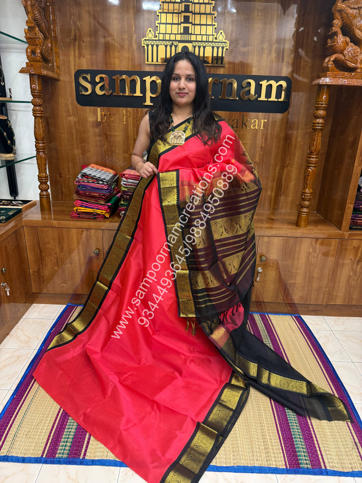 Rani Pink with Black , Traditional borders and  Grand Pallu Korvai Silk Cotton Saree