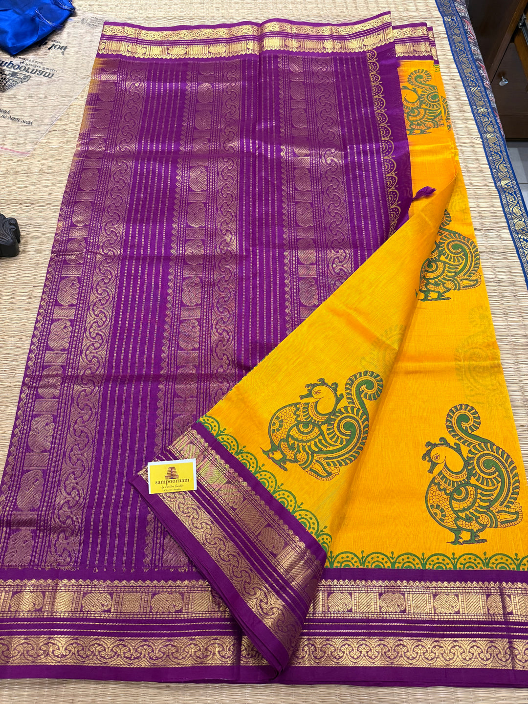 Mambazha Manjal with Purple, traditional elephant motif borders and rich Pallu, annam hand block prints in the body , korvai silk cotton saree
