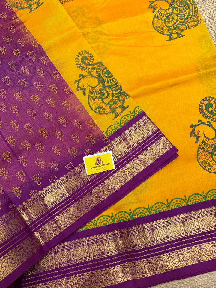 Mambazha Manjal with Purple, traditional elephant motif borders and rich Pallu, annam hand block prints in the body , korvai silk cotton saree