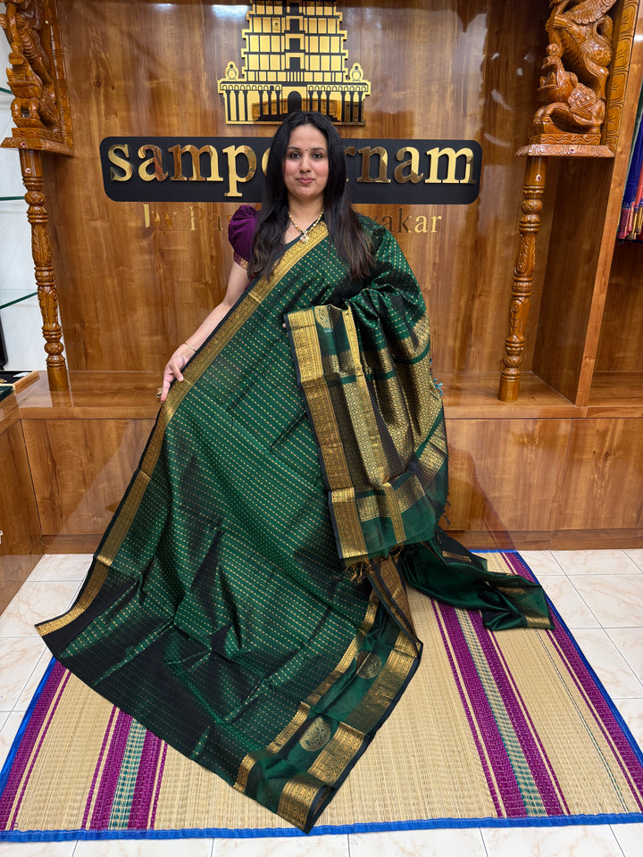 Dark Green ,  Rich Zari butta in the body , Rettapet borders with Bird Zari Motif  and Rich Pallu Silk Cotton Saree
