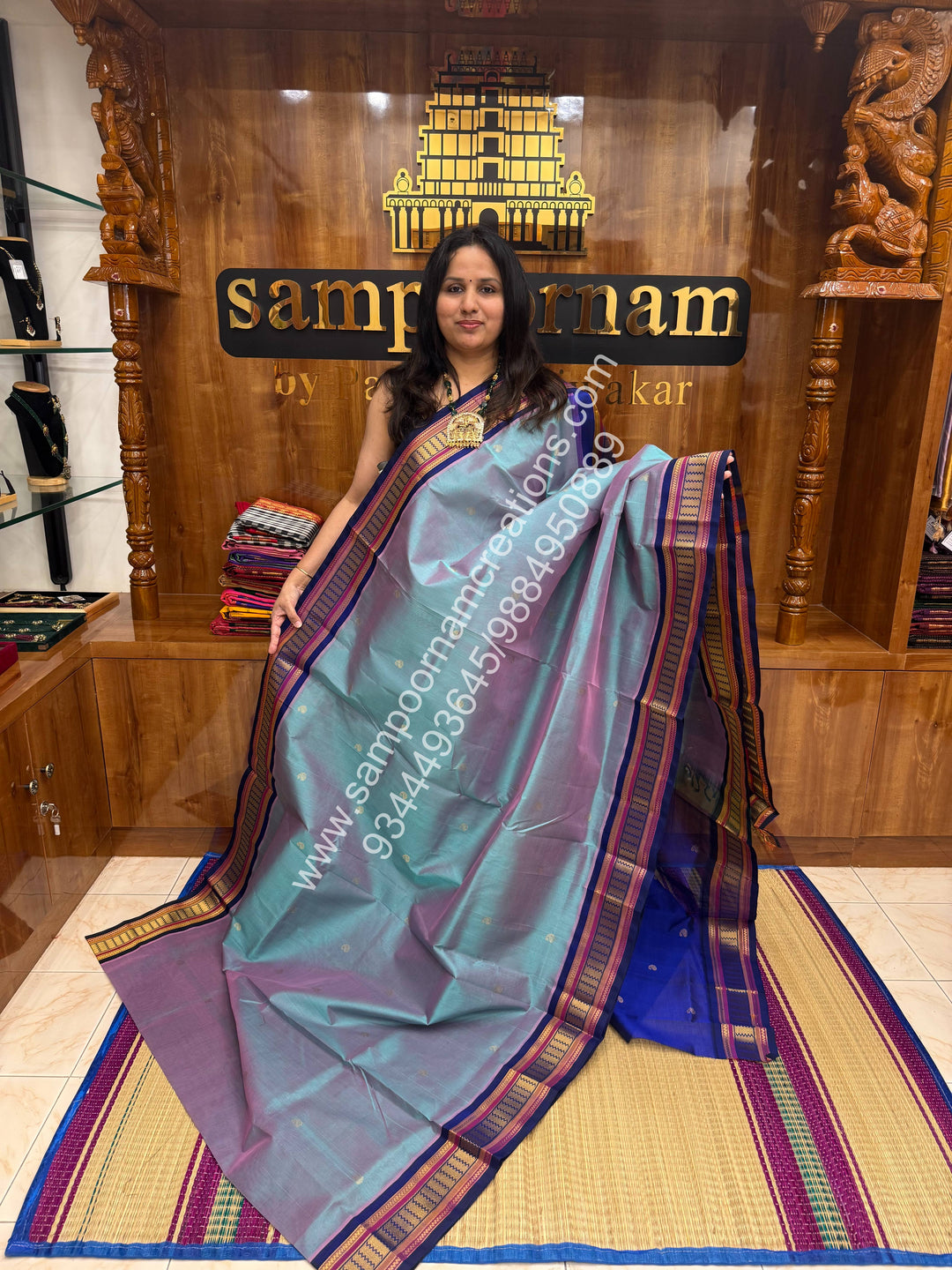 Pinkish  Grey with Blue , Rich Mango Zari butta in the body , Traditional borders and Grand Pallu Korvai Silk Cotton Saree