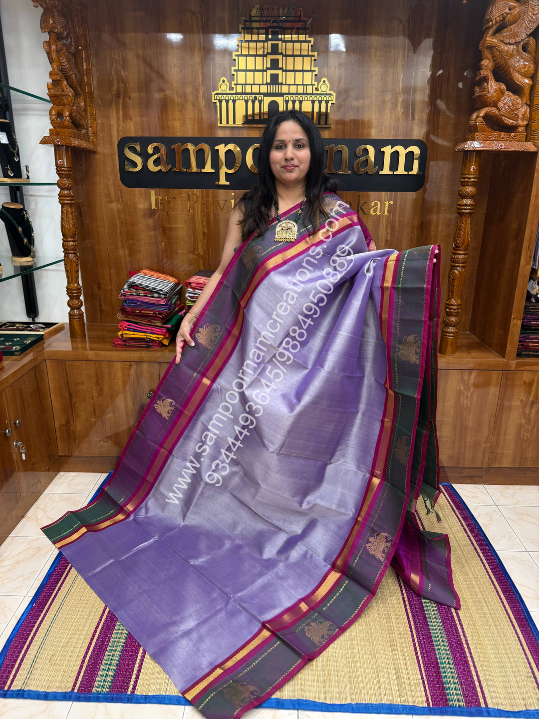 Lavender with Magenta  , Elephant motifs in the borders and Traditonal  Pallu Korvai Silk Cotton Saree