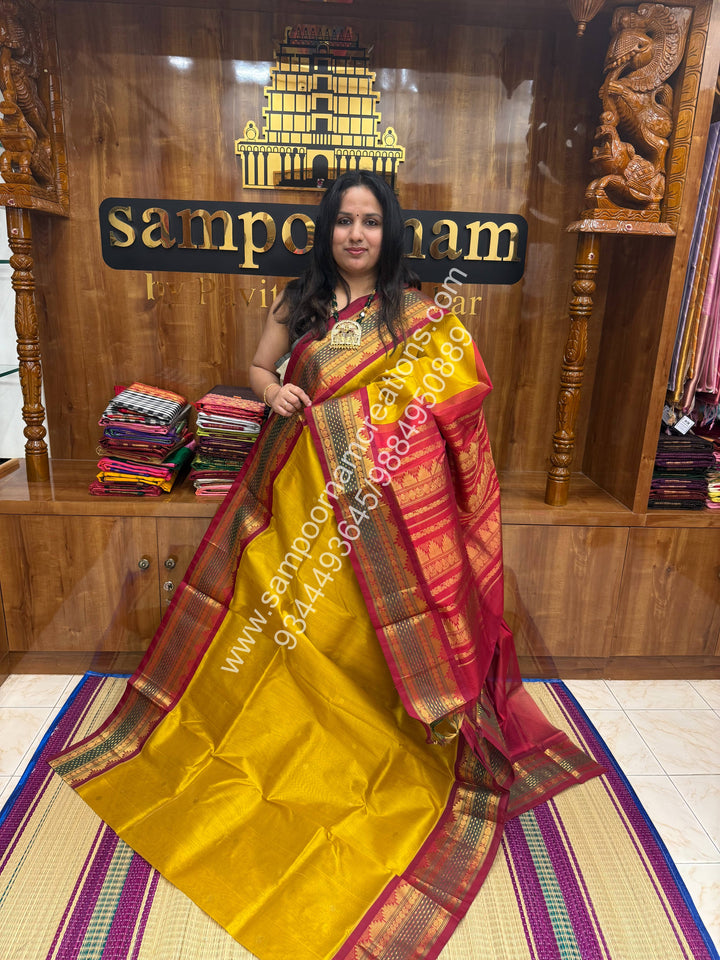 Mustard with Kumkum Red  , Zari butta in the body and Lakshadeepam Border , Grand Pallu Korvai Silk Cotton Saree