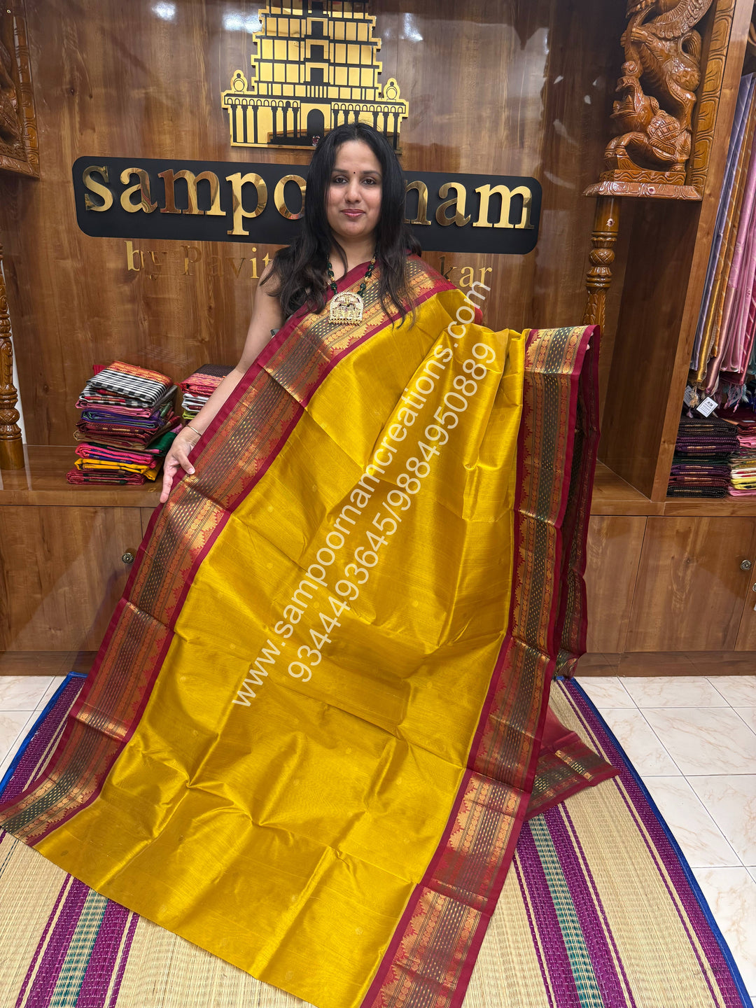 Mustard with Kumkum Red  , Zari butta in the body and Lakshadeepam Border , Grand Pallu Korvai Silk Cotton Saree