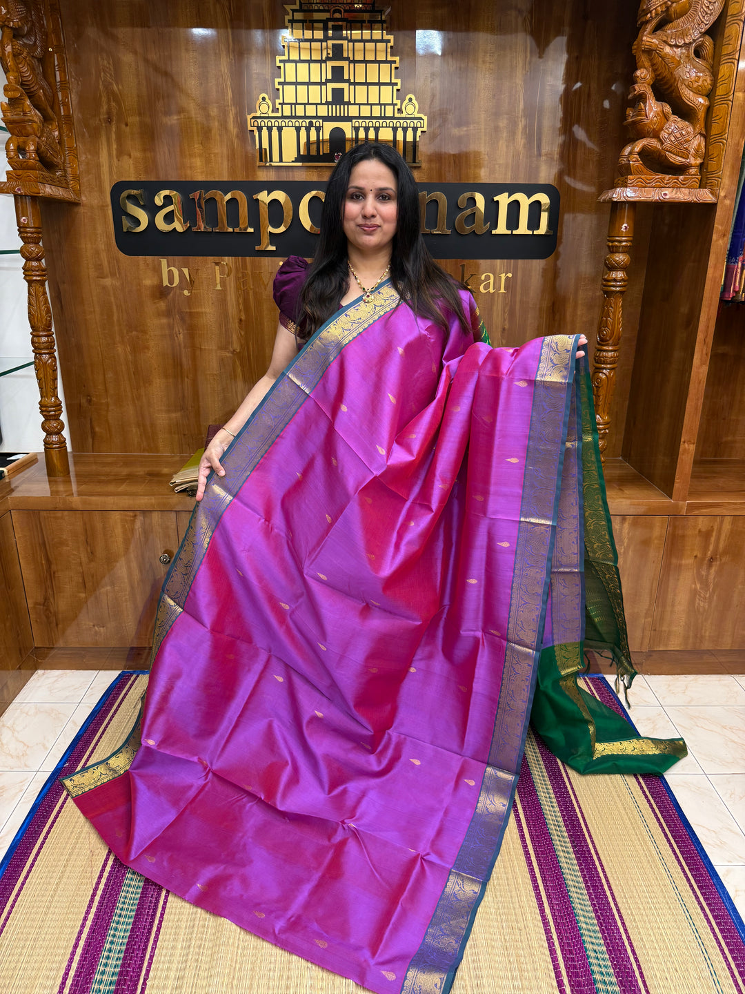 Light Magenta with Green  ,  Rich Tilakam Zari butta in the body , Traditional Borders and Rich Pallu Silk Cotton Saree