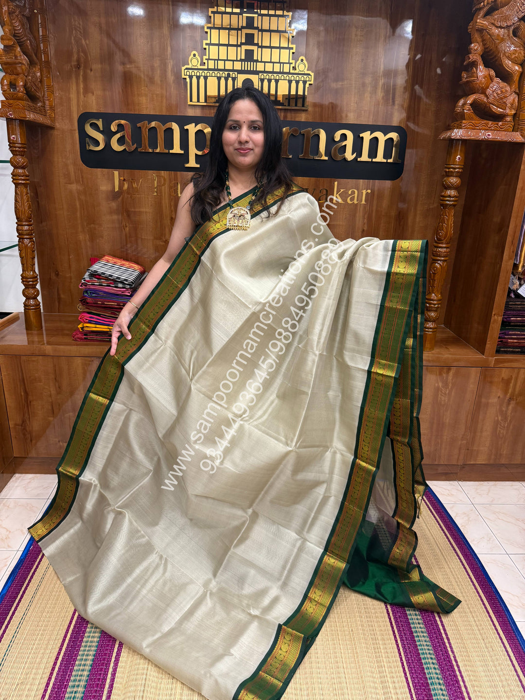 Grey with Green , Traditional borders and  Grand Pallu Korvai Silk Cotton Saree