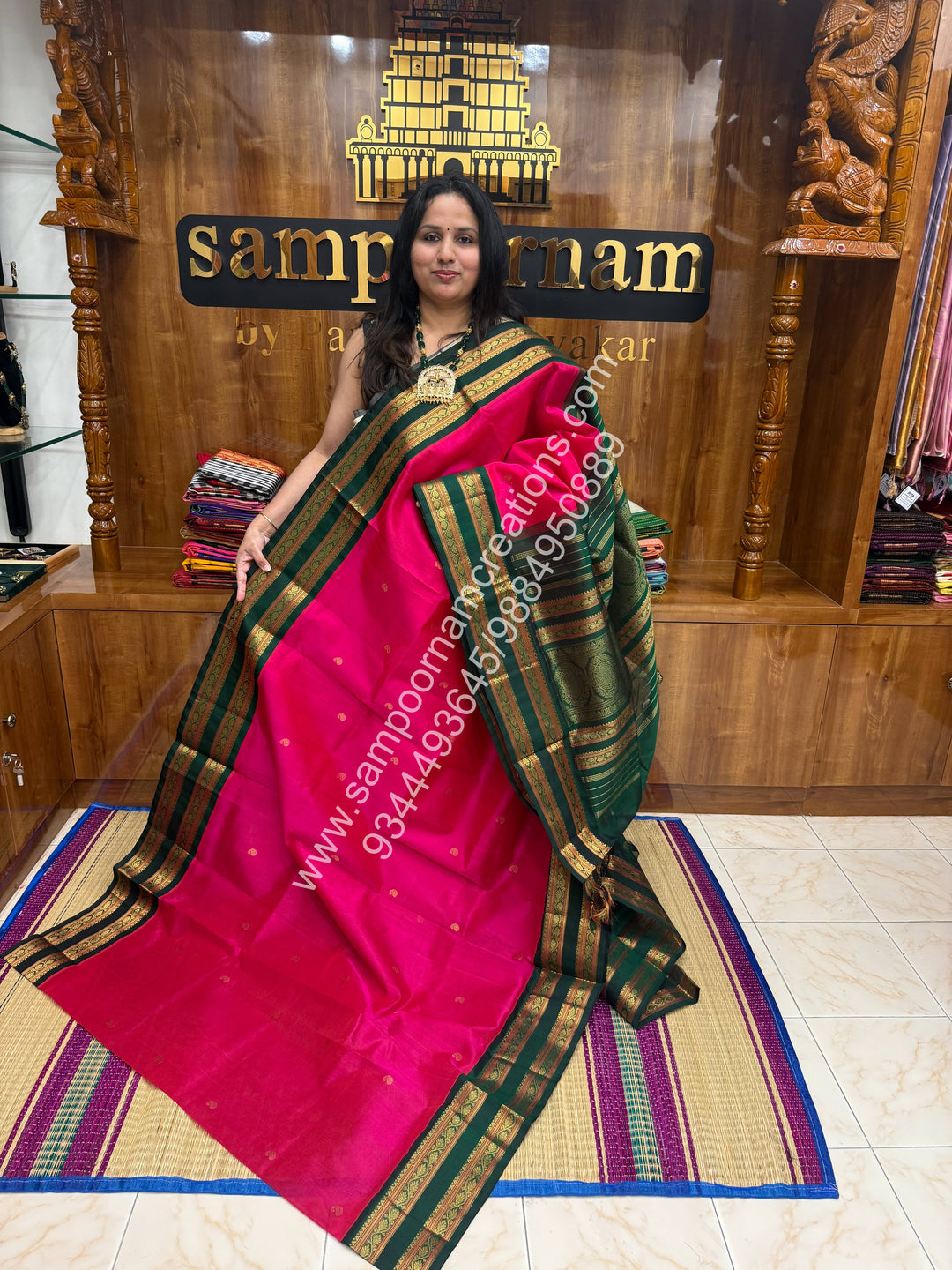 Ruby Pink with Dark Green , rich Mango Zari butta in the body , Rettapet border and  Grand Pallu Korvai Silk Cotton Saree