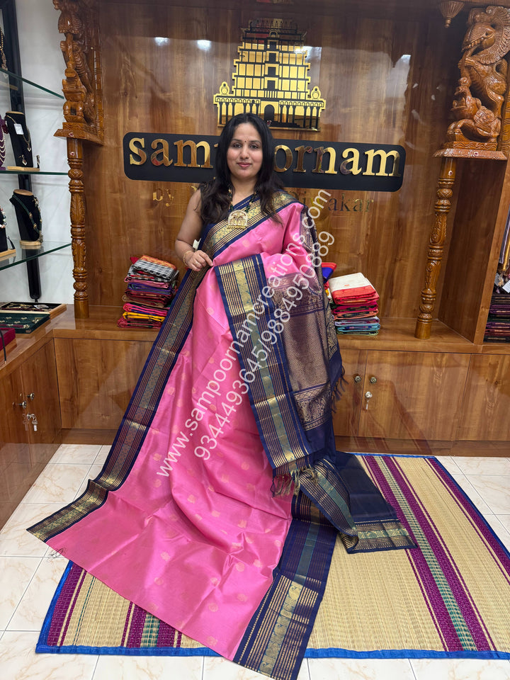 Candy Pin with Dark Blue , Annam and Chakram Zari butta in the body , Rich Kanchi border , Grand Pallu Korvai Silk Cotton Saree