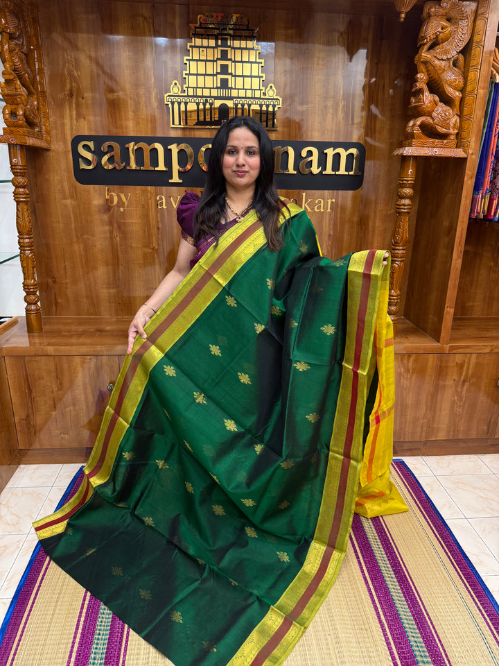 Dark Green with Lemon Green  ,  Rich Kolam Zari butta in the body , Rettapet  Borders and Rich Pallu Silk Cotton Saree
