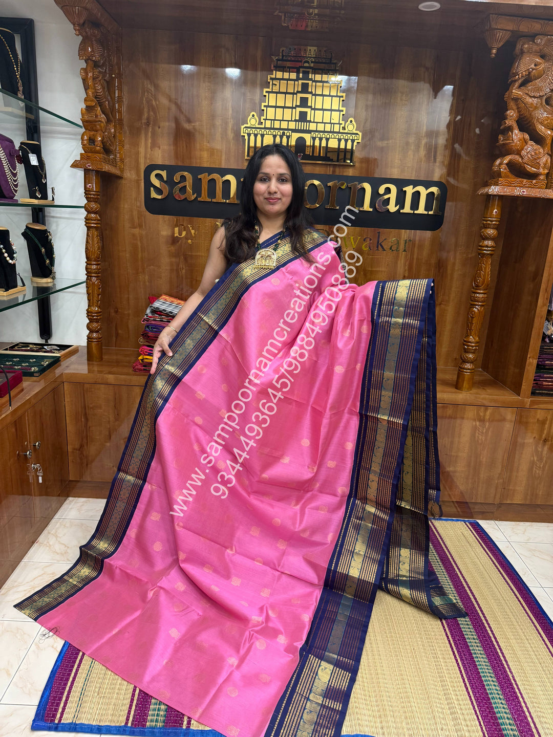 Candy Pin with Dark Blue , Annam and Chakram Zari butta in the body , Rich Kanchi border , Grand Pallu Korvai Silk Cotton Saree