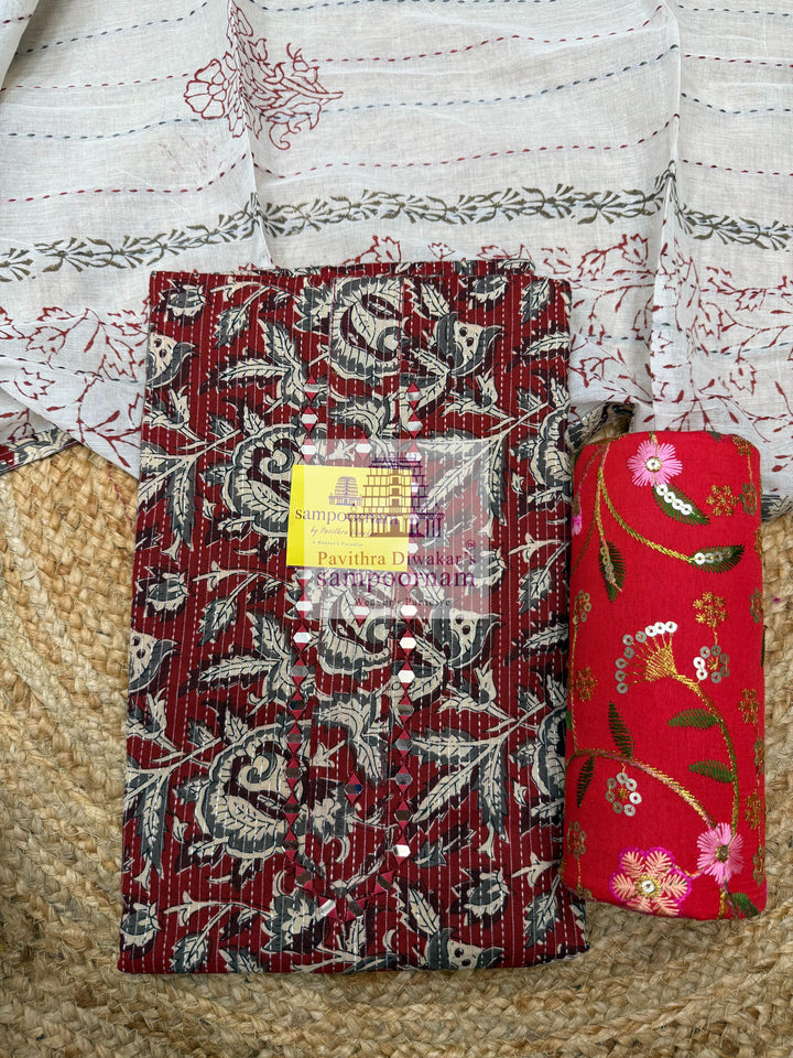 Red Kantha Kalamkari printed top with Mirror work in the Yoke , Plain bottom and Kantha Handblock Printed Dupatta