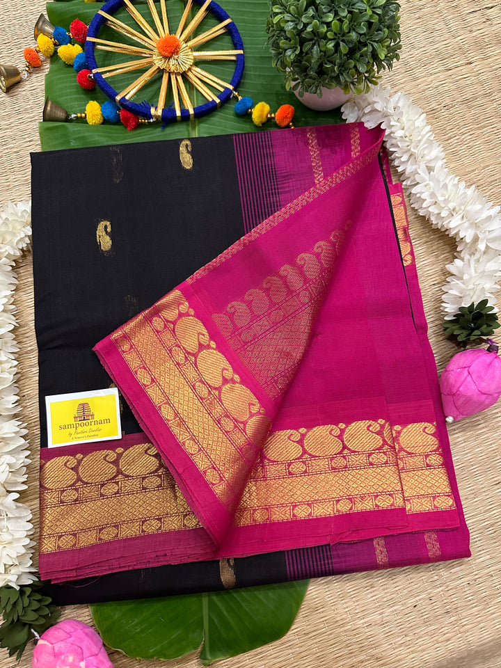 Black with Pink Body Butta Silk Cotton Saree