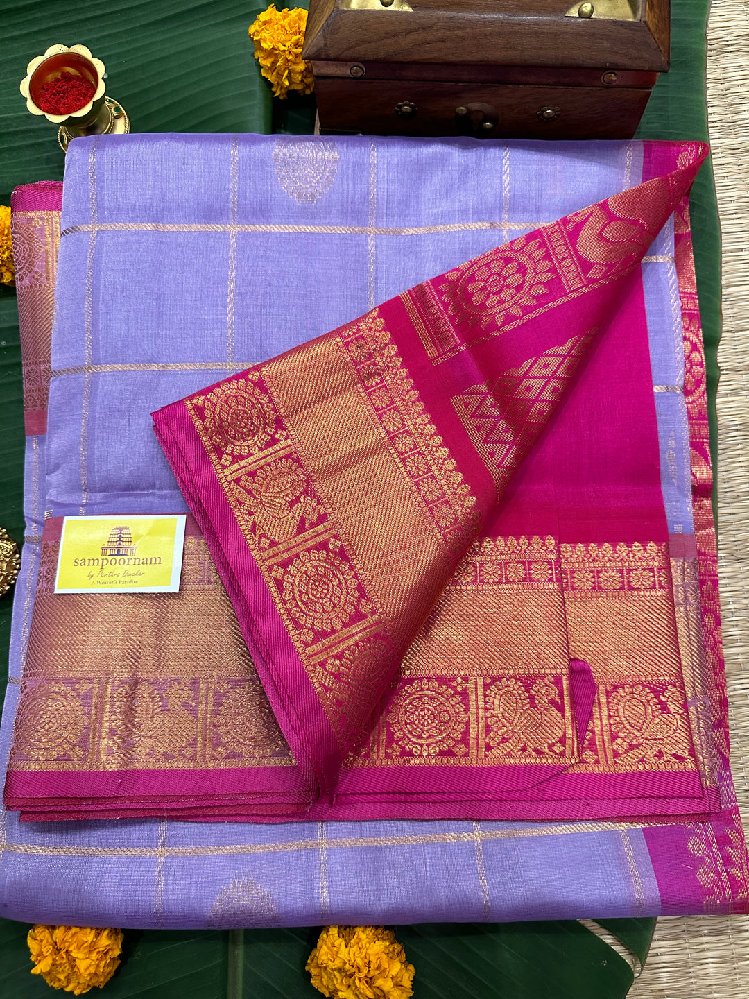 Lavender with Pink Mayil Chakram Silk Cotton Saree